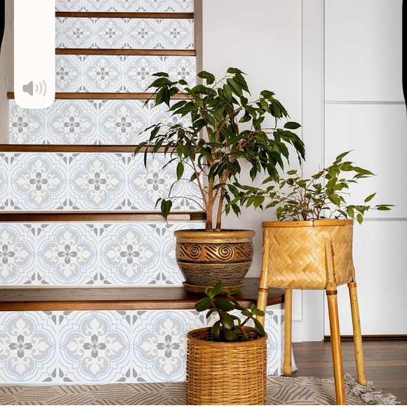 Peel and Stick Floral Pattern Elegant Blue and Gray Stair Riser Decals - Picture 7 of 12